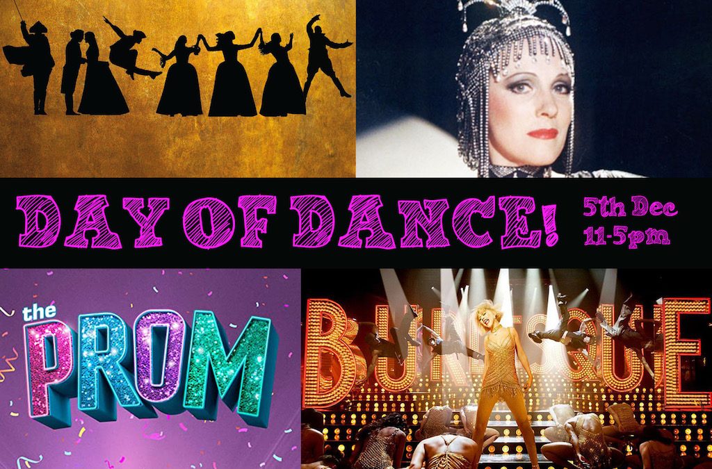 The words Day of Dance sit in the middle of poster images from Hamilton and The Prom and show photos from Victor/Victoria and Burlesque